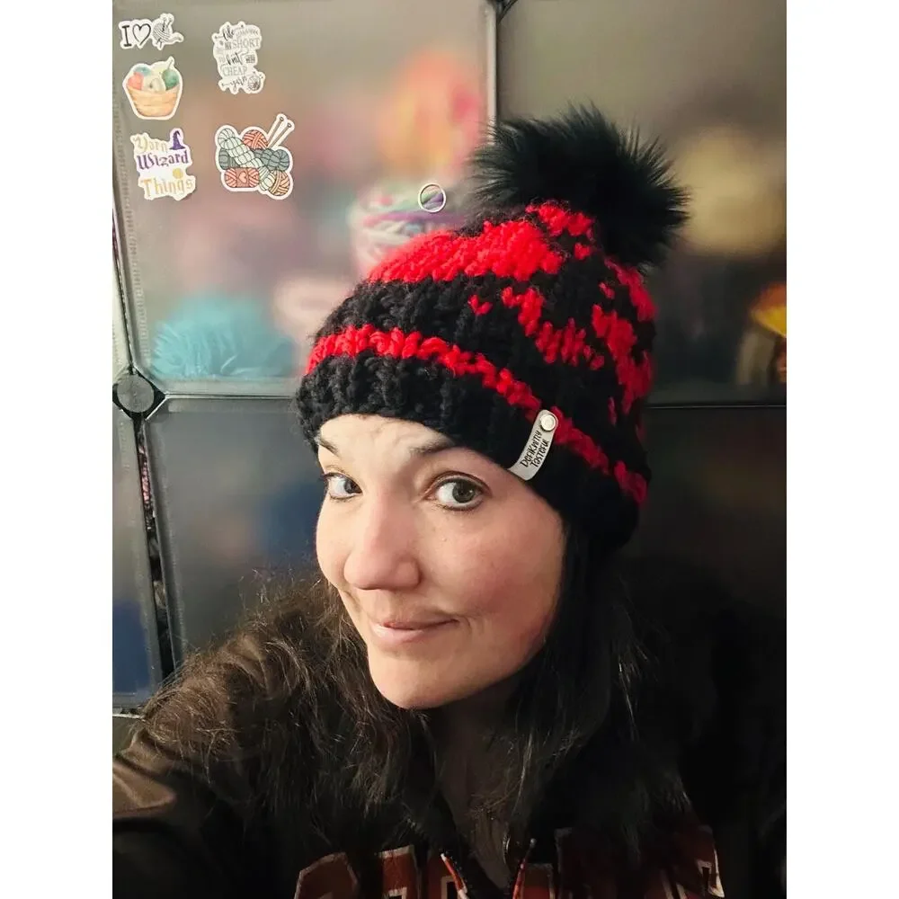 Goth Hearts Hand Knit Beanie: Chunky Valentine's Hat with Faux Fur Pom
